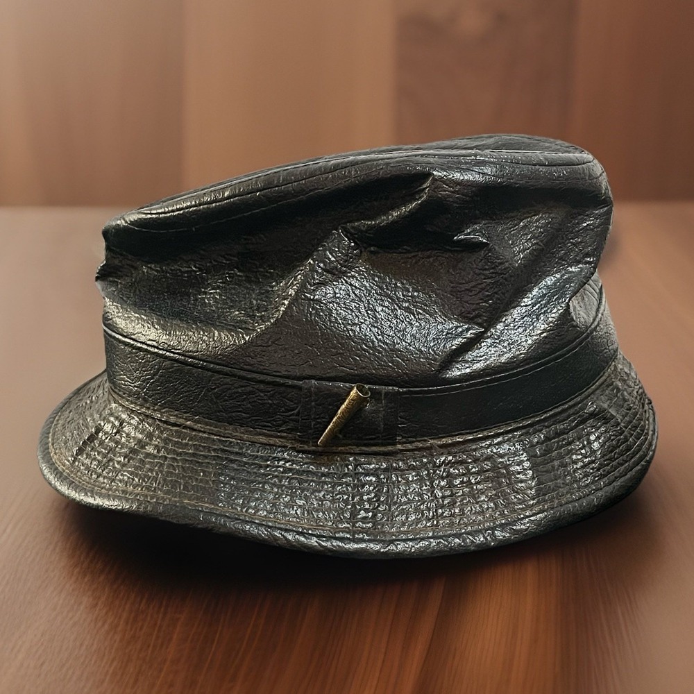 Vintage Faux? LEATHER Black Fedora Size 7 1/8 Mens Copper Cone Hat Feather Pin